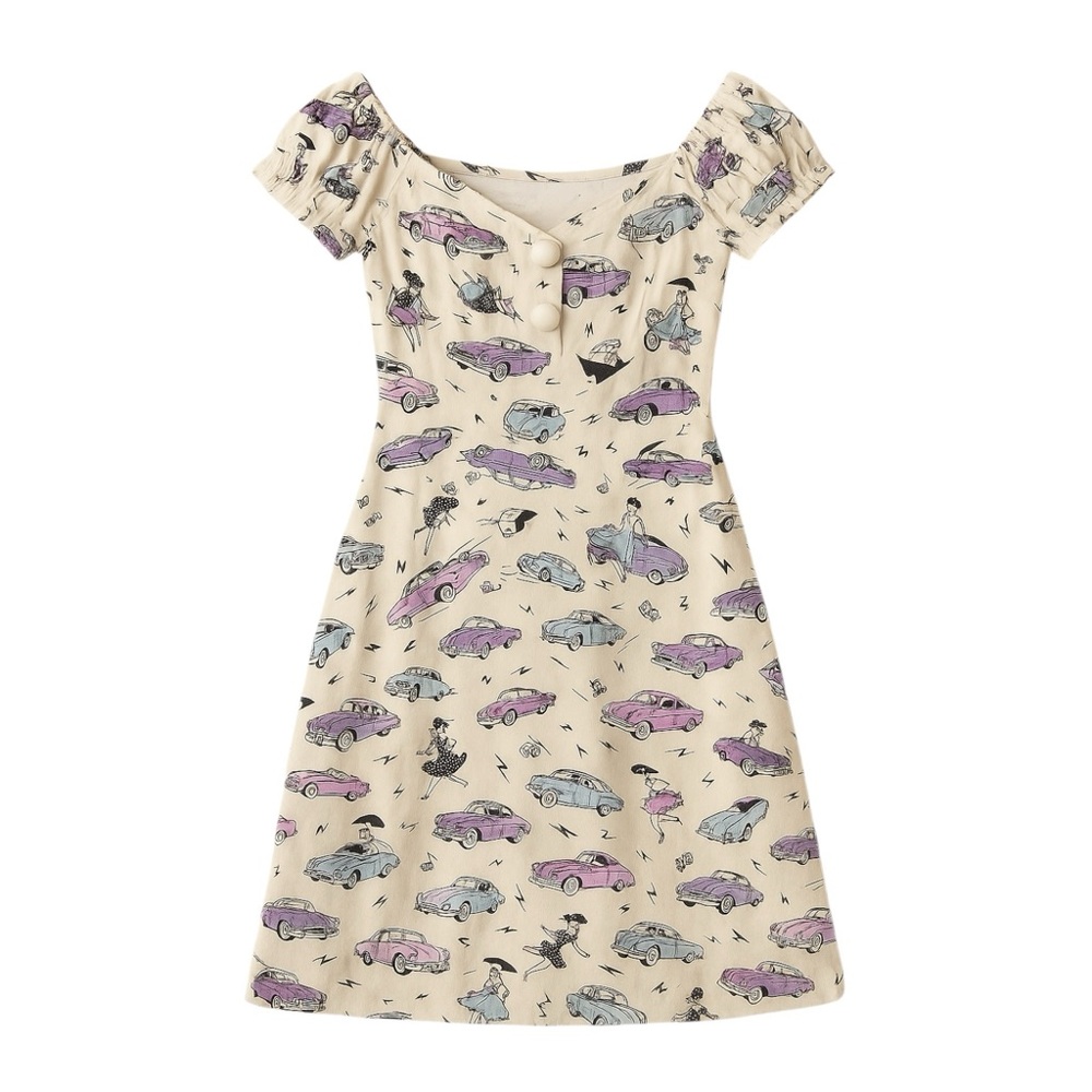 Collectif • Vintage Car Print Midi Dress • Cream Multi • Size XS